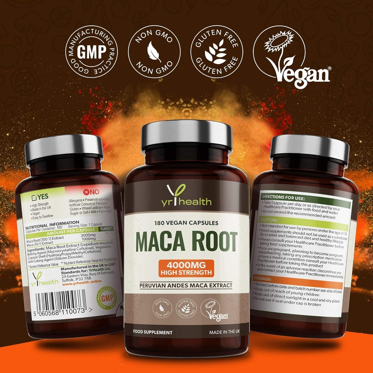 Maca Root Capsules 4000Mg, 180 Vegan High Strength Peruvian Black Maca Extract Capsules, Natural Booster, Sexual Health Supplement for Men and Women - Made in the UK by