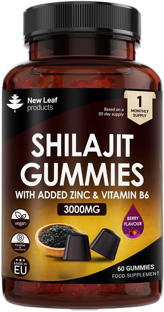 Shilajit Gummies - Enriched with Zinc & Vitamin B6 - High Strength 3000Mg Pure Himalayan Shilajit Gummies for Men and Women - Berry Flavoured, Vegan Shilajit Gummies by New Leaf