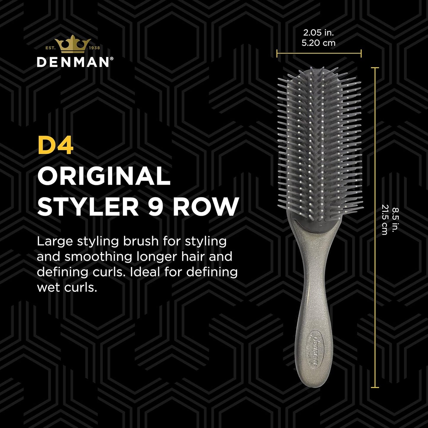 Curly Hair Brush D4 (Silver) 9 Row Styling Brush for Styling, Smoothing Longer Hair and Defining Curls - for Women and Men