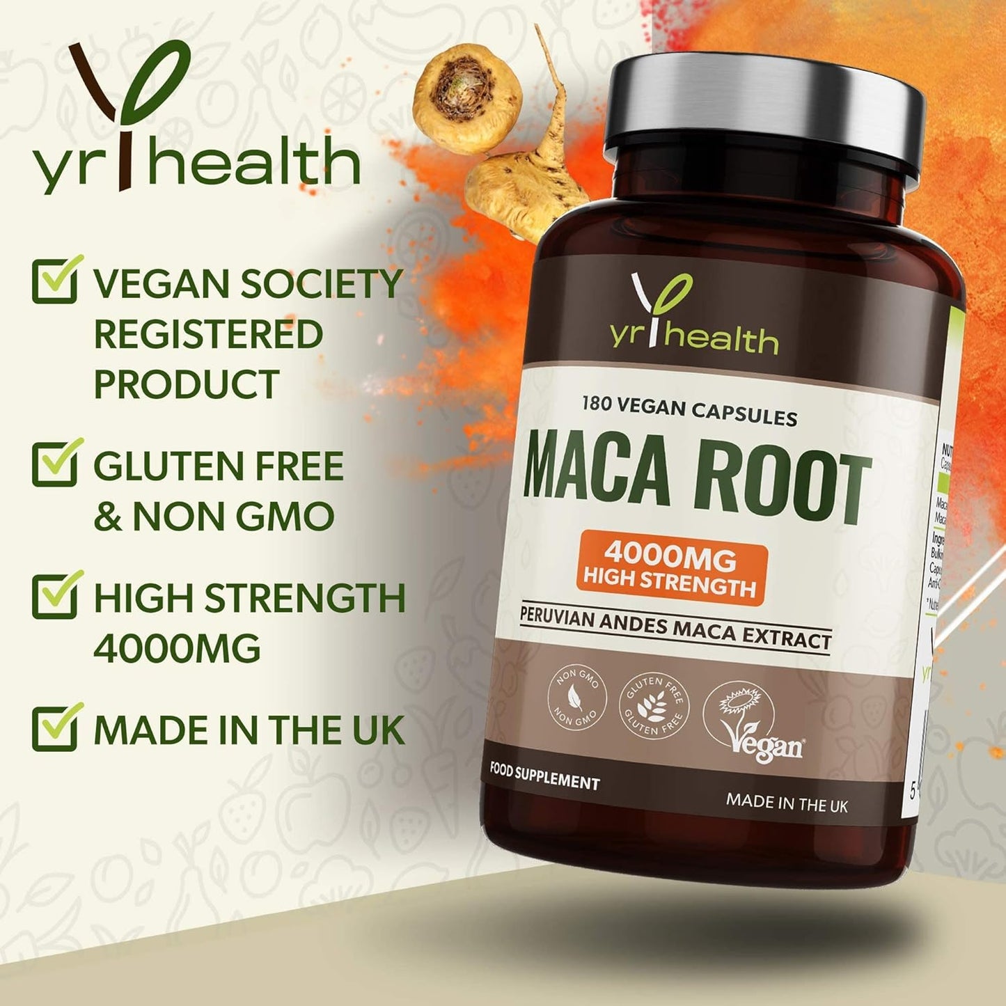 Maca Root Capsules 4000Mg, 180 Vegan High Strength Peruvian Black Maca Extract Capsules, Natural Booster, Sexual Health Supplement for Men and Women - Made in the UK by