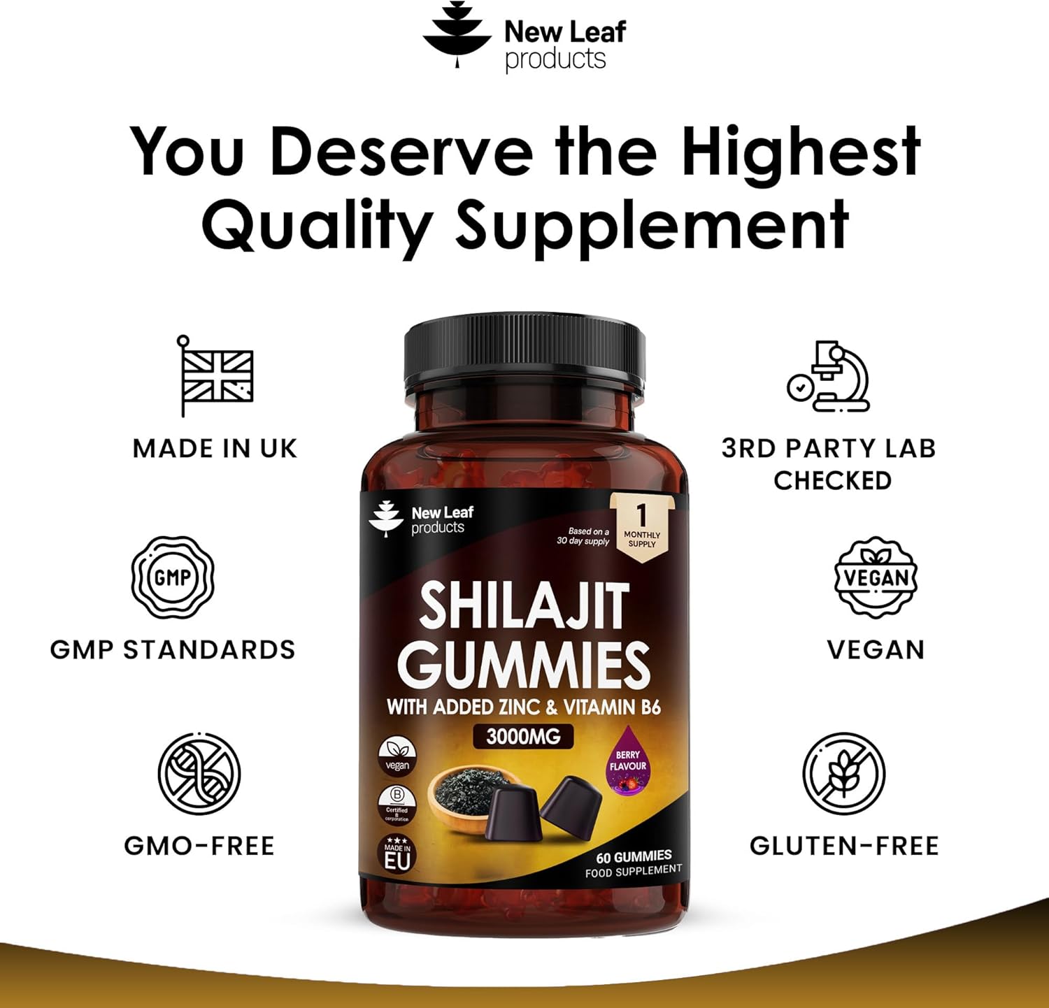 Shilajit Gummies - Enriched with Zinc & Vitamin B6 - High Strength 3000Mg Pure Himalayan Shilajit Gummies for Men and Women - Berry Flavoured, Vegan Shilajit Gummies by New Leaf