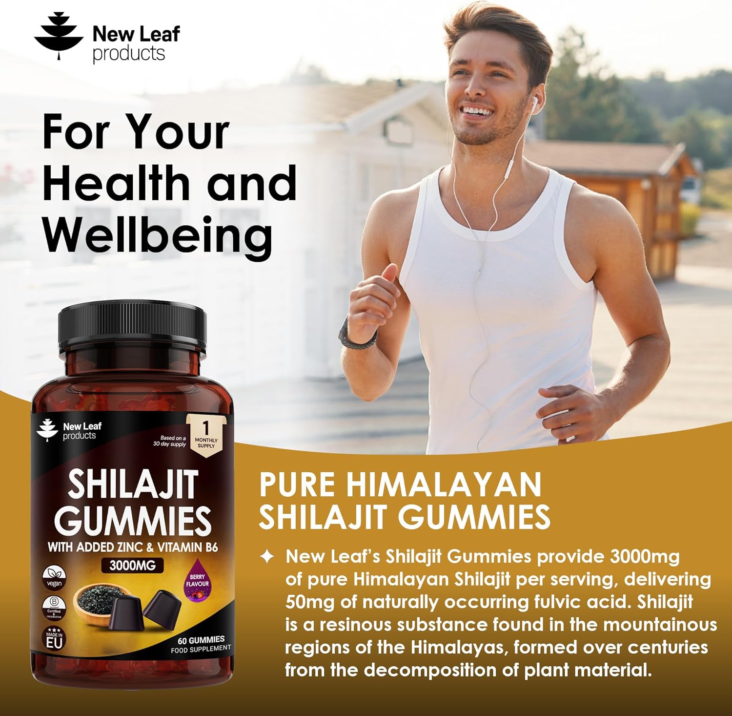 Shilajit Gummies - Enriched with Zinc & Vitamin B6 - High Strength 3000Mg Pure Himalayan Shilajit Gummies for Men and Women - Berry Flavoured, Vegan Shilajit Gummies by New Leaf