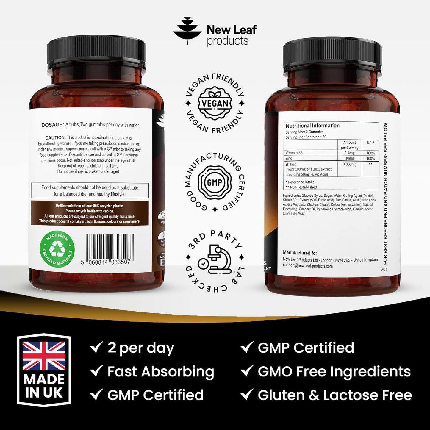 Shilajit Gummies - Enriched with Zinc & Vitamin B6 - High Strength 3000Mg Pure Himalayan Shilajit Gummies for Men and Women - Berry Flavoured, Vegan Shilajit Gummies by New Leaf