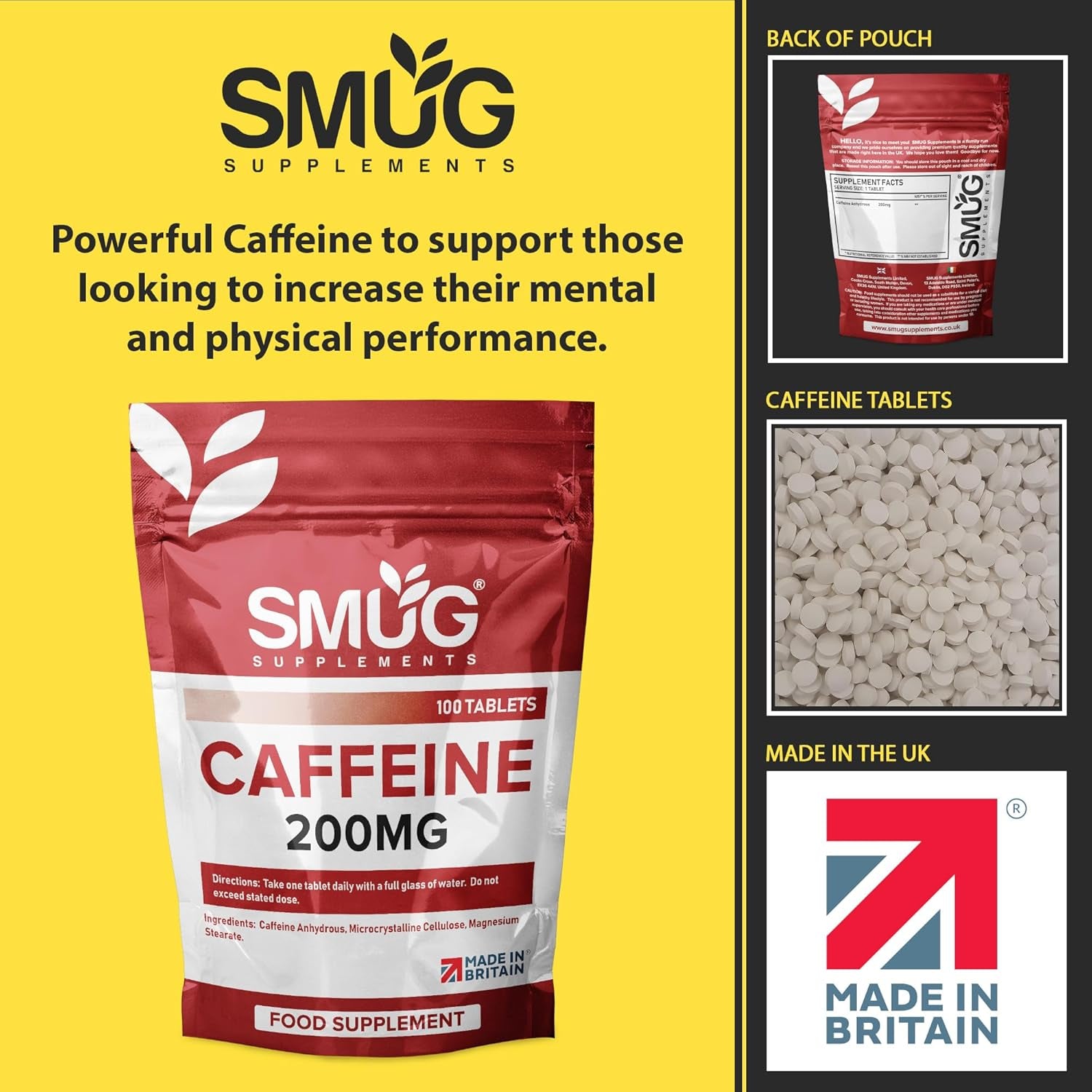 Caffeine Tablets - 100 Fast Release 200Mg Pills - Improve Focus and Boost Performance and Energy - Vegan Friendly - Made in Britain