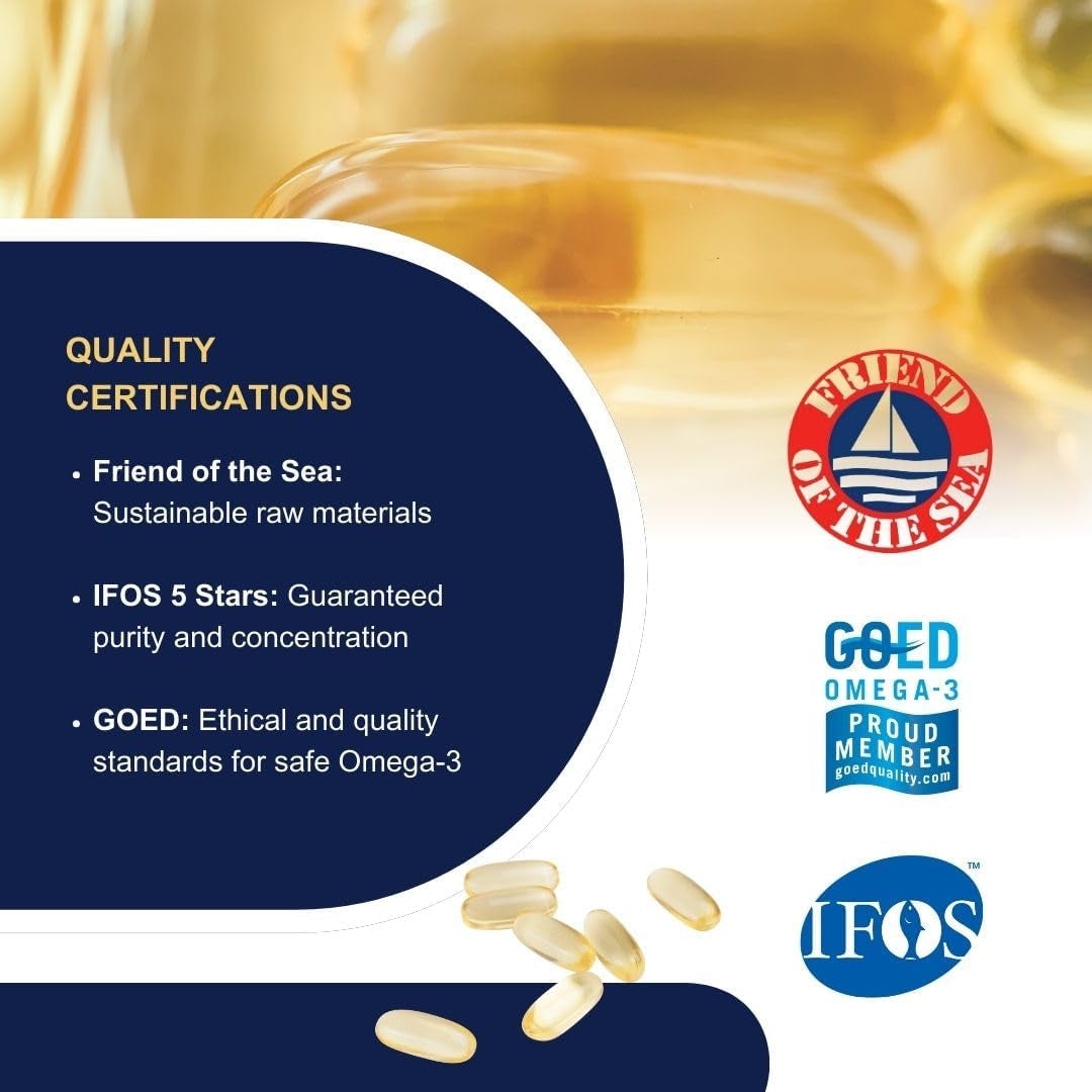 Omega 3 Capsules High Strength  Ultra 1200-1120Mg EPA and DHA IFOS Certified - High Bioavailability and No Aftertaste (60 Caps)