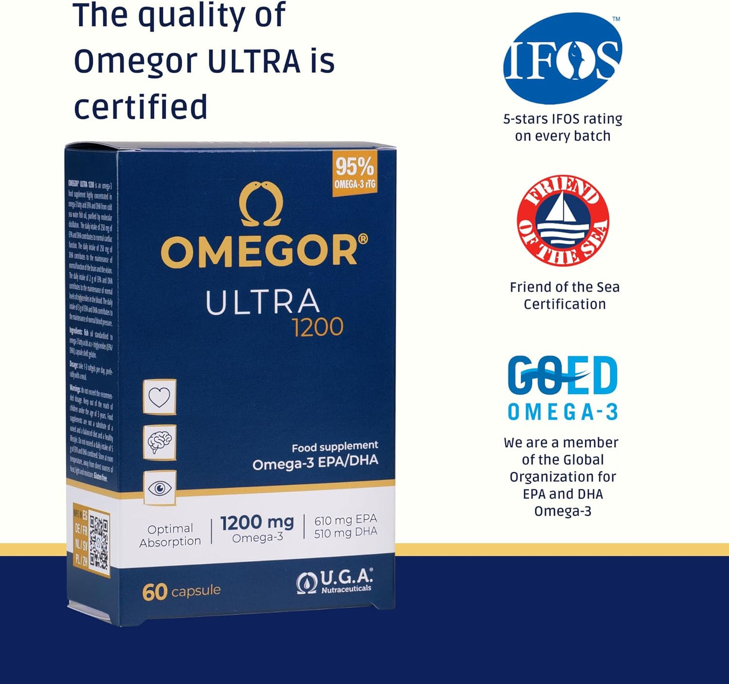 Omega 3 Capsules High Strength  Ultra 1200-1120Mg EPA and DHA IFOS Certified - High Bioavailability and No Aftertaste (60 Caps)