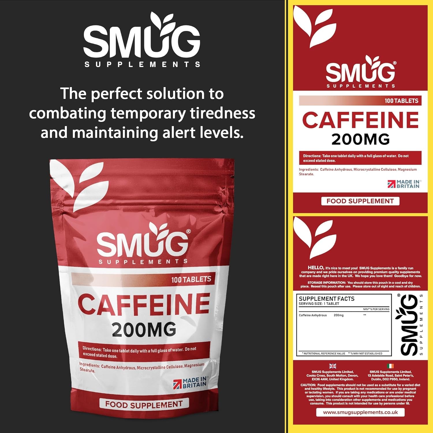 Caffeine Tablets - 100 Fast Release 200Mg Pills - Improve Focus and Boost Performance and Energy - Vegan Friendly - Made in Britain