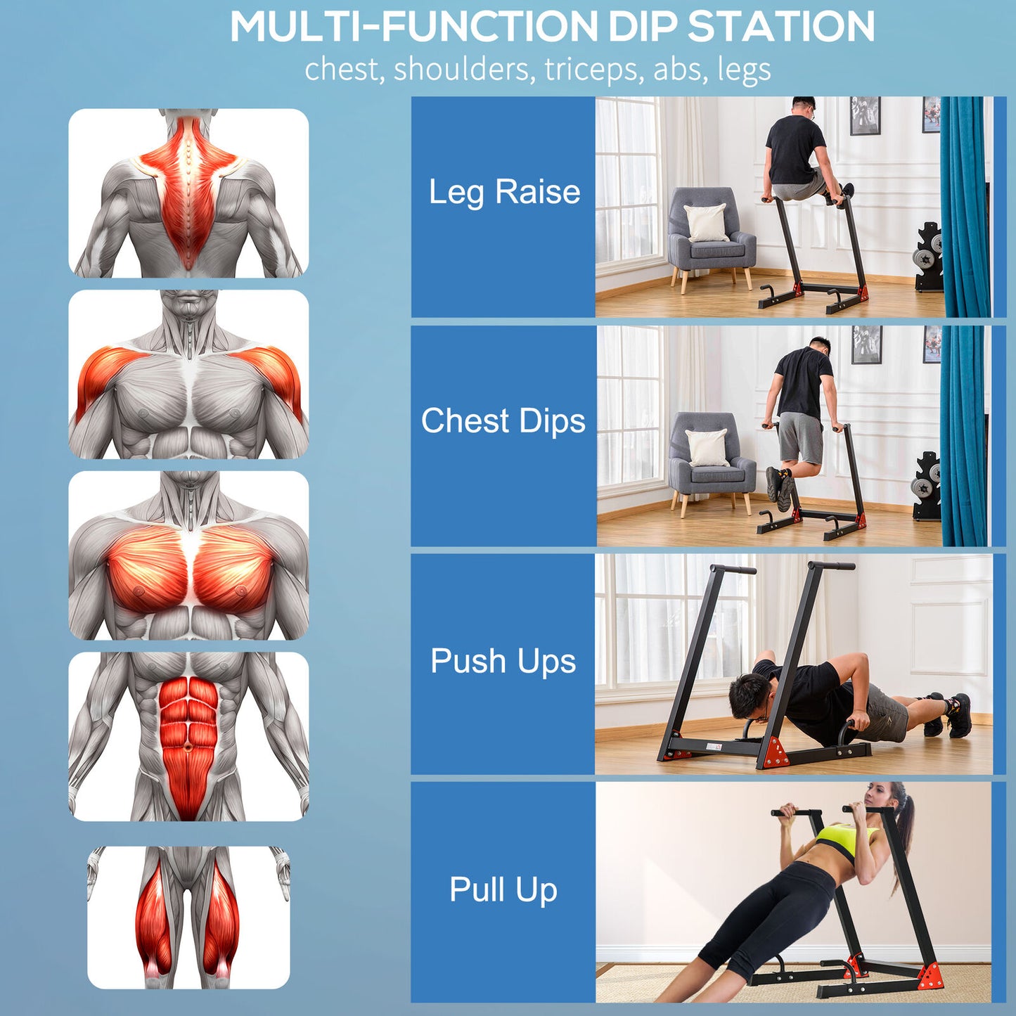 Upper Body Dip Stand Station Workout Equipment for Pull Ups, Push Ups, Dips