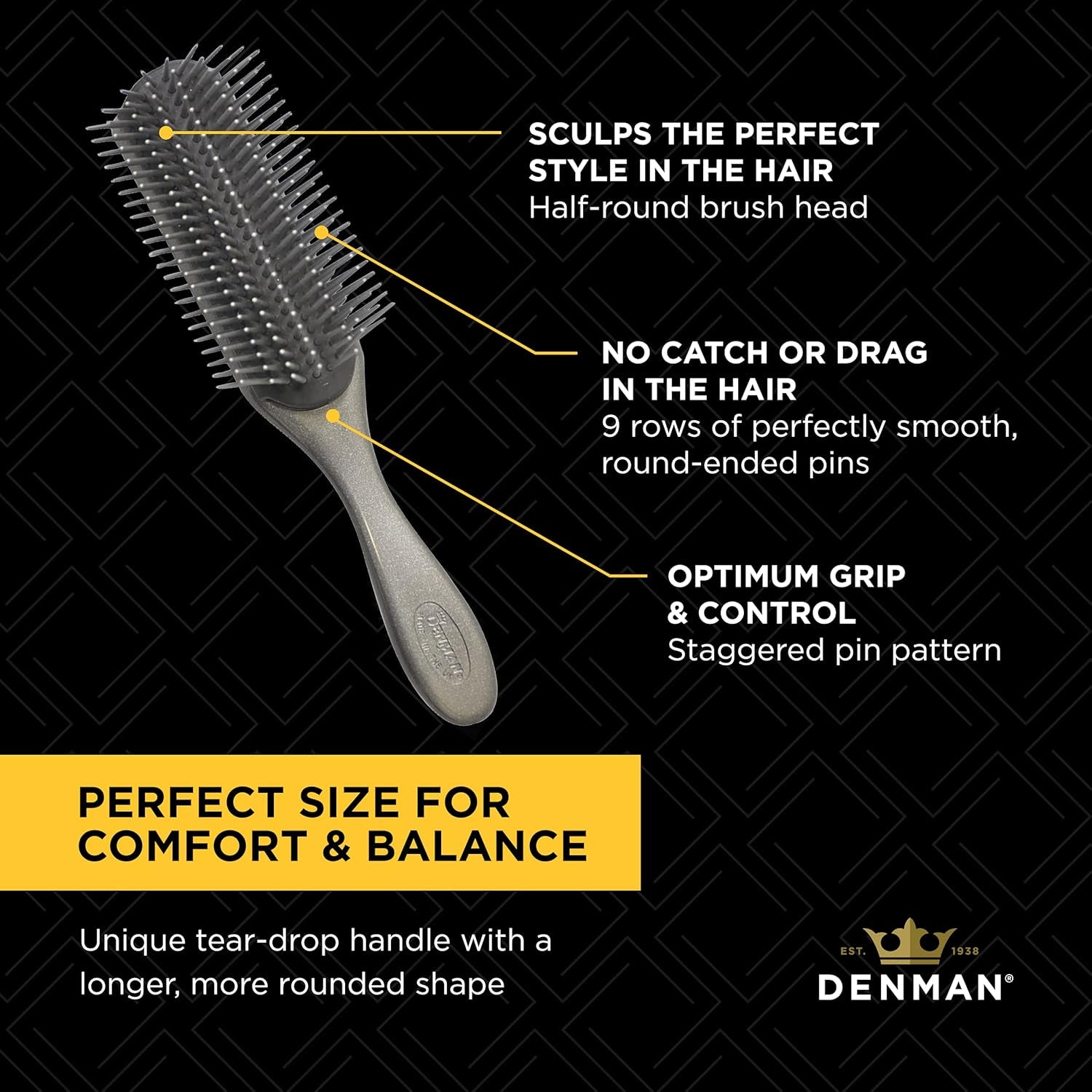 Curly Hair Brush D4 (Silver) 9 Row Styling Brush for Styling, Smoothing Longer Hair and Defining Curls - for Women and Men